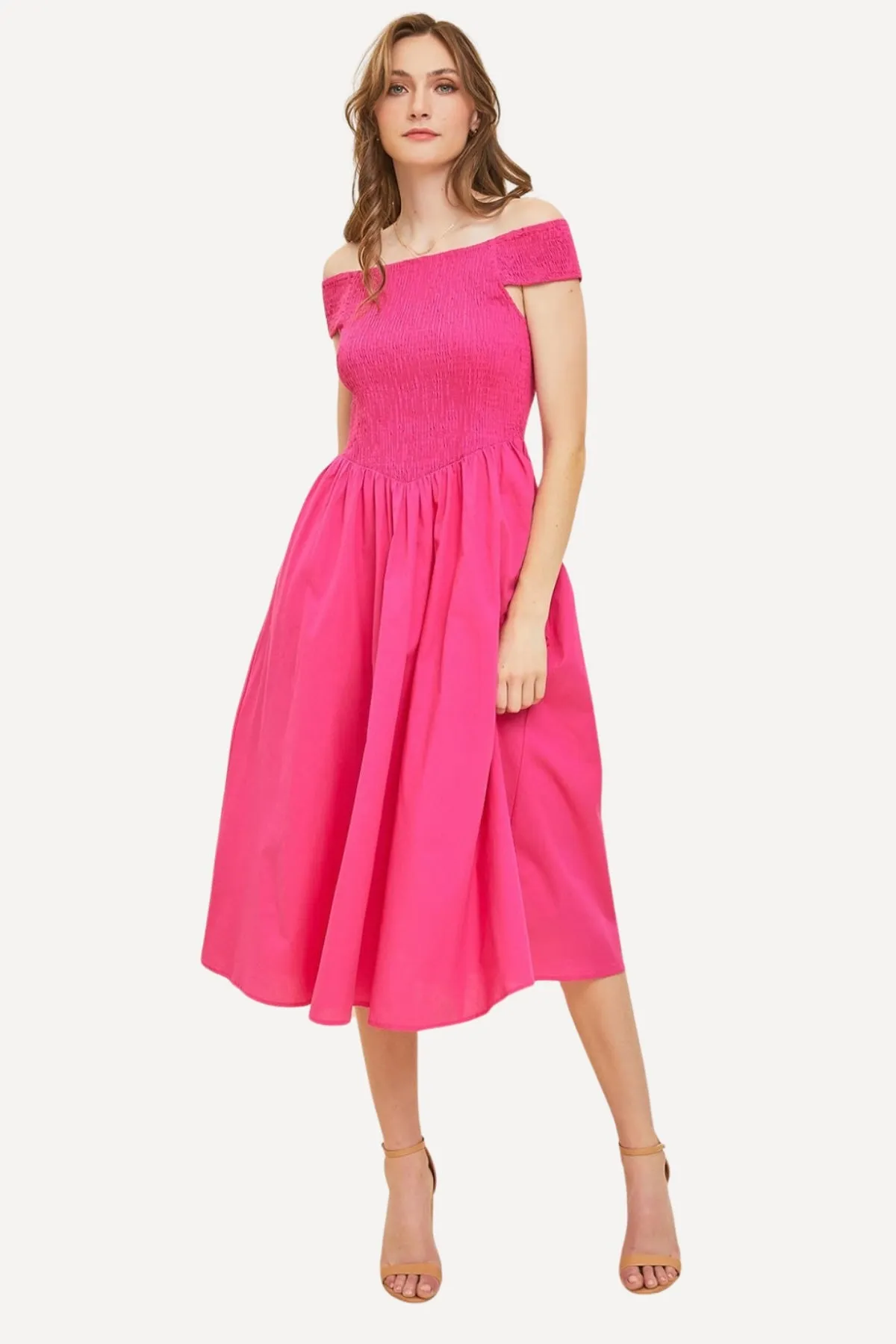 Pink Smocked Midi Cotton Dress