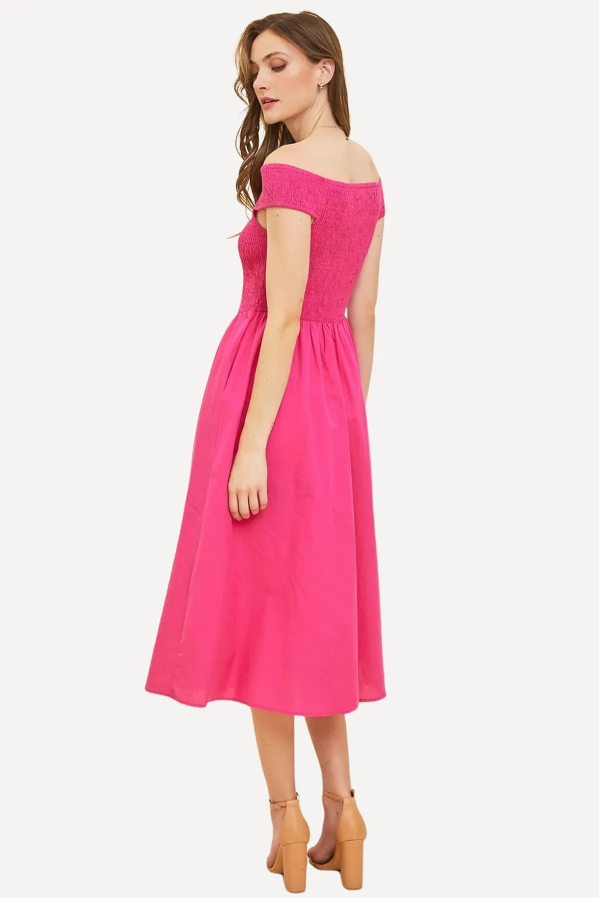 Pink Smocked Midi Cotton Dress