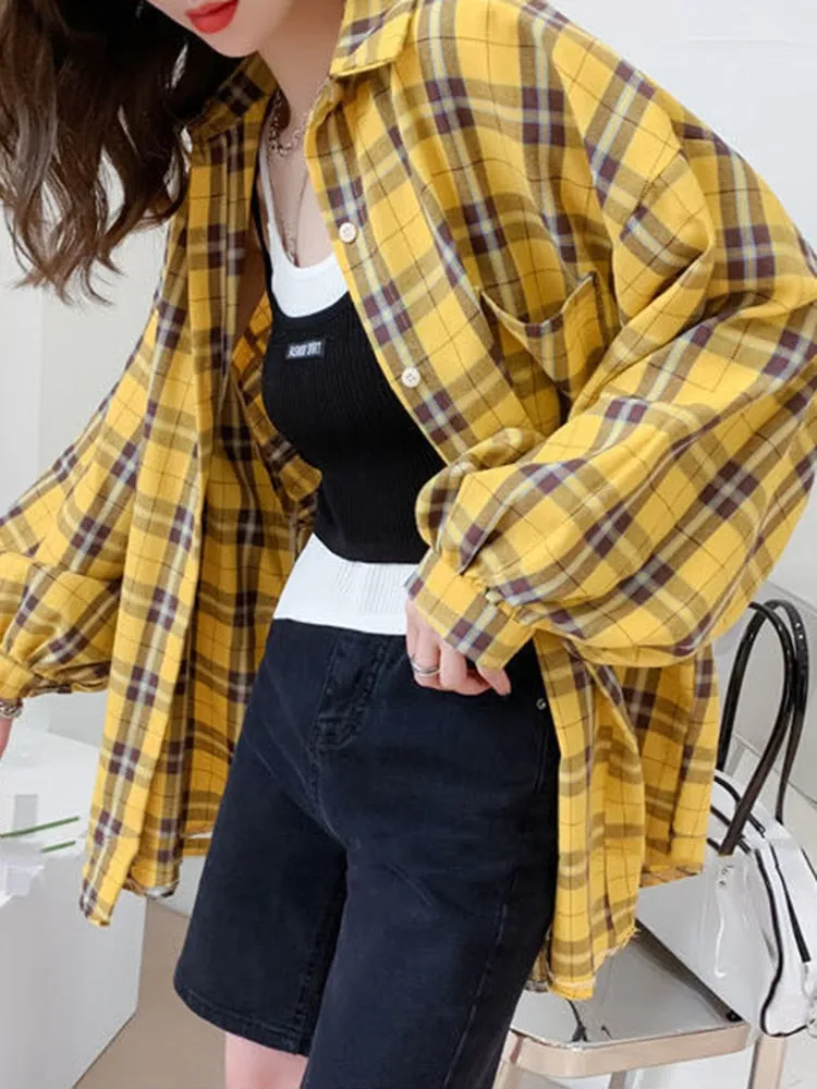 Plaid Buttoned Shirt With Lantern Sleeves