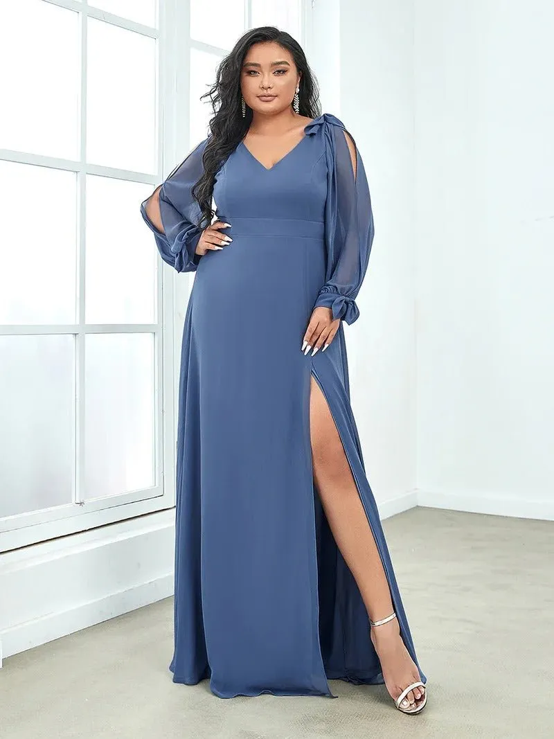 Plus Size Long Lantern Sleeves A Line V Neck Evening Dress