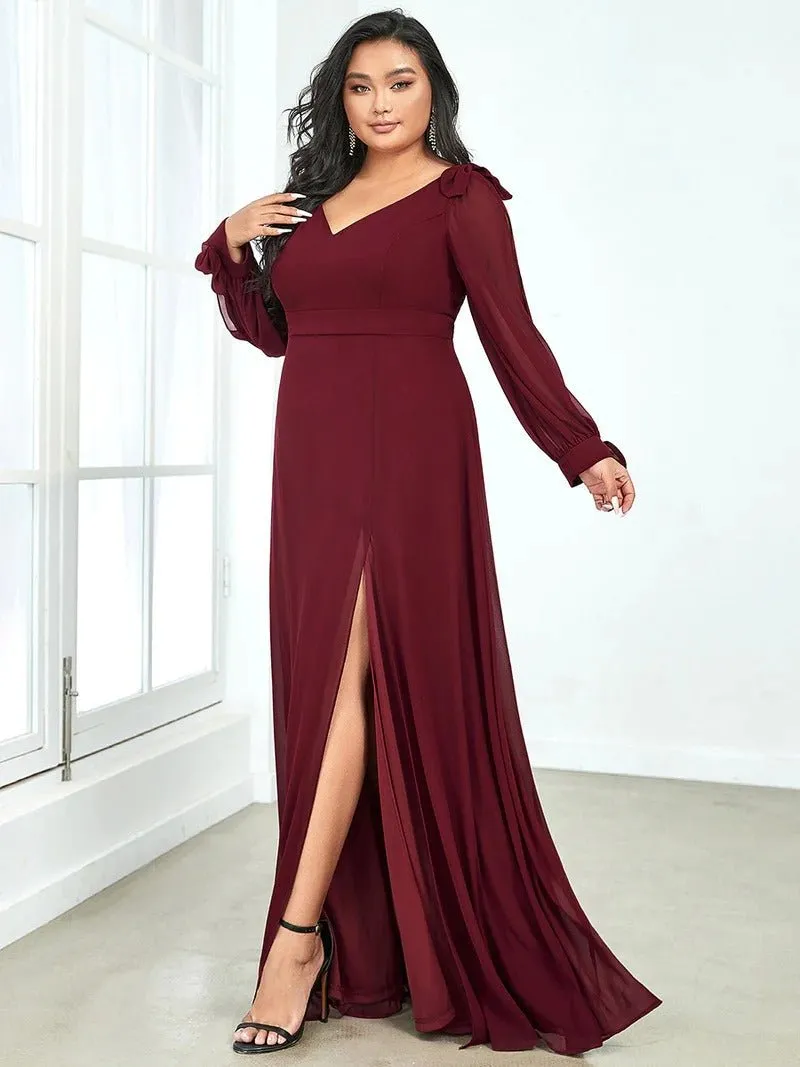 Plus Size Long Lantern Sleeves A Line V Neck Evening Dress