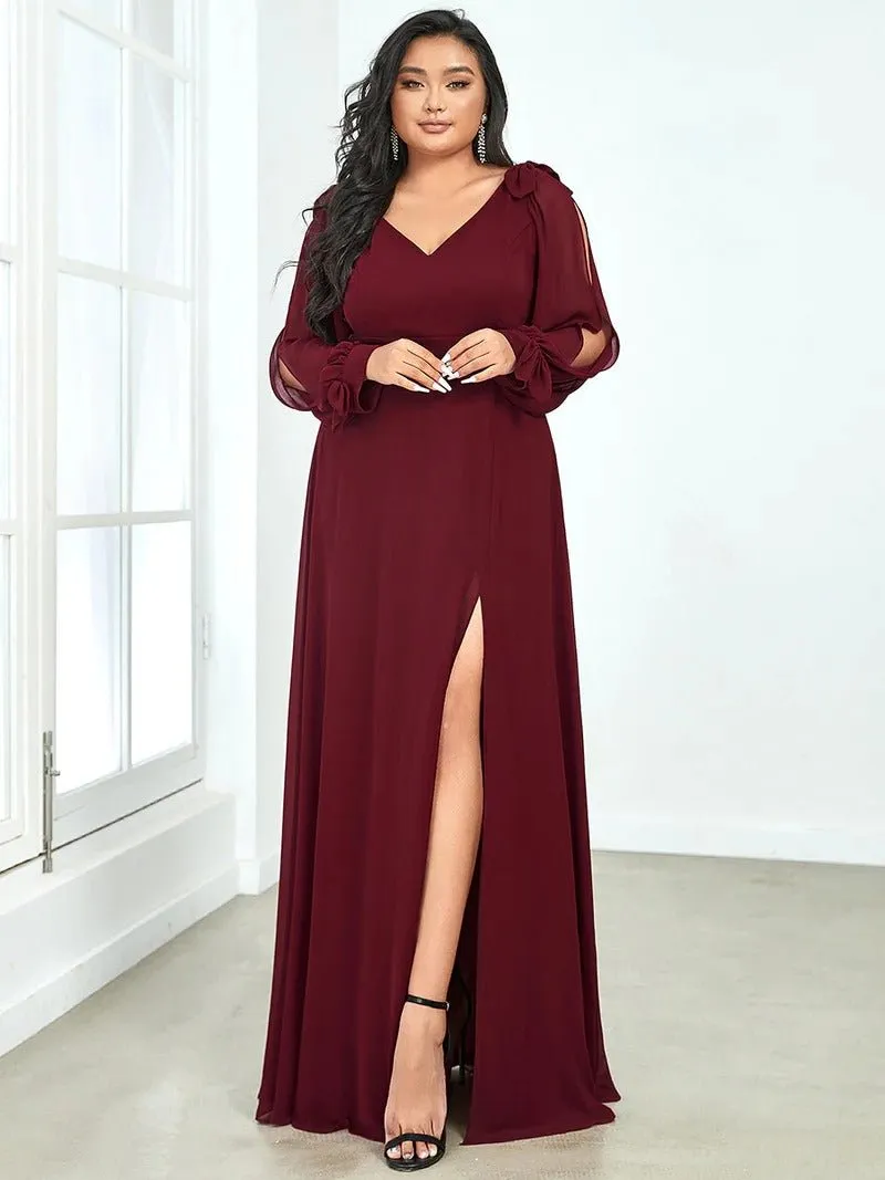 Plus Size Long Lantern Sleeves A Line V Neck Evening Dress