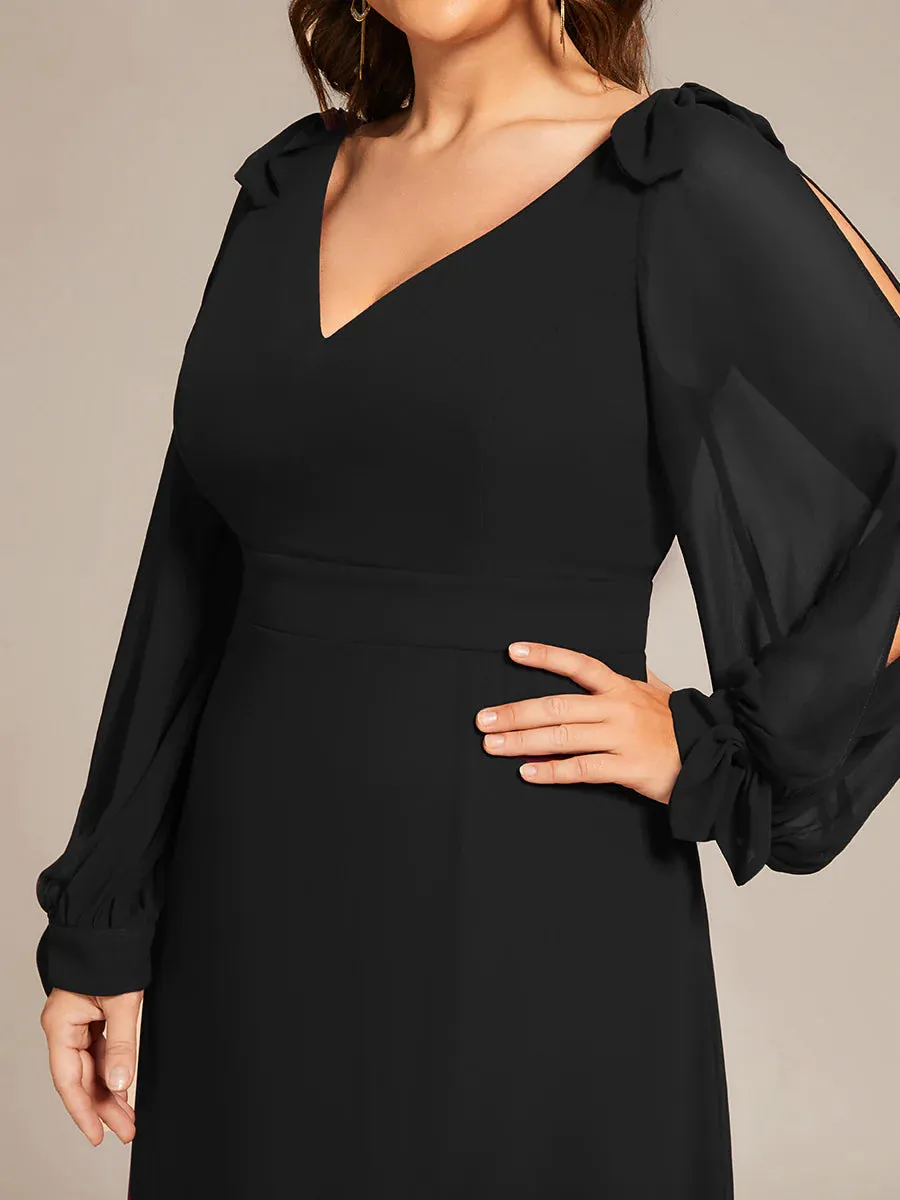 Plus Size Long Lantern Sleeves A Line V Neck Evening Dress