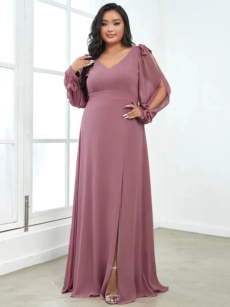 Plus Size Long Lantern Sleeves A Line V Neck Evening Dress