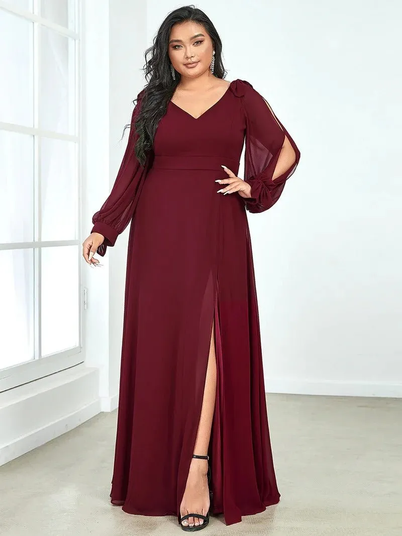 Plus Size Long Lantern Sleeves A Line V Neck Evening Dress