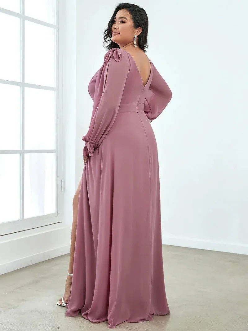 Plus Size Long Lantern Sleeves A Line V Neck Evening Dress