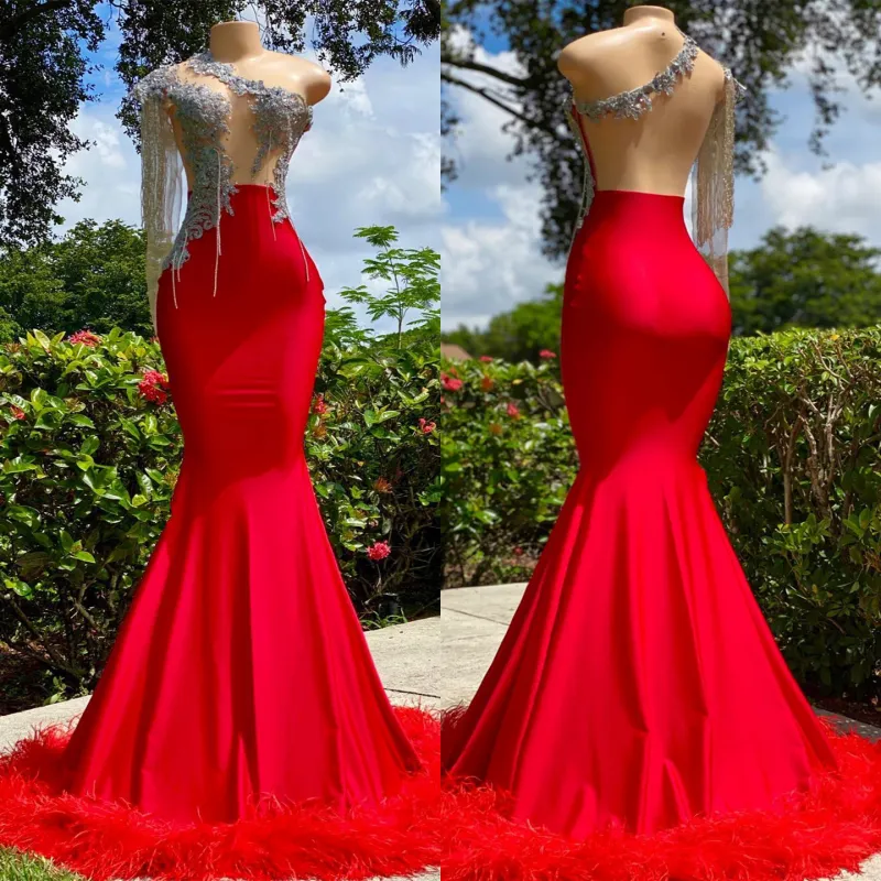 Red Classic Mermaid Prom Dress One Shoulder Strapless With Feather