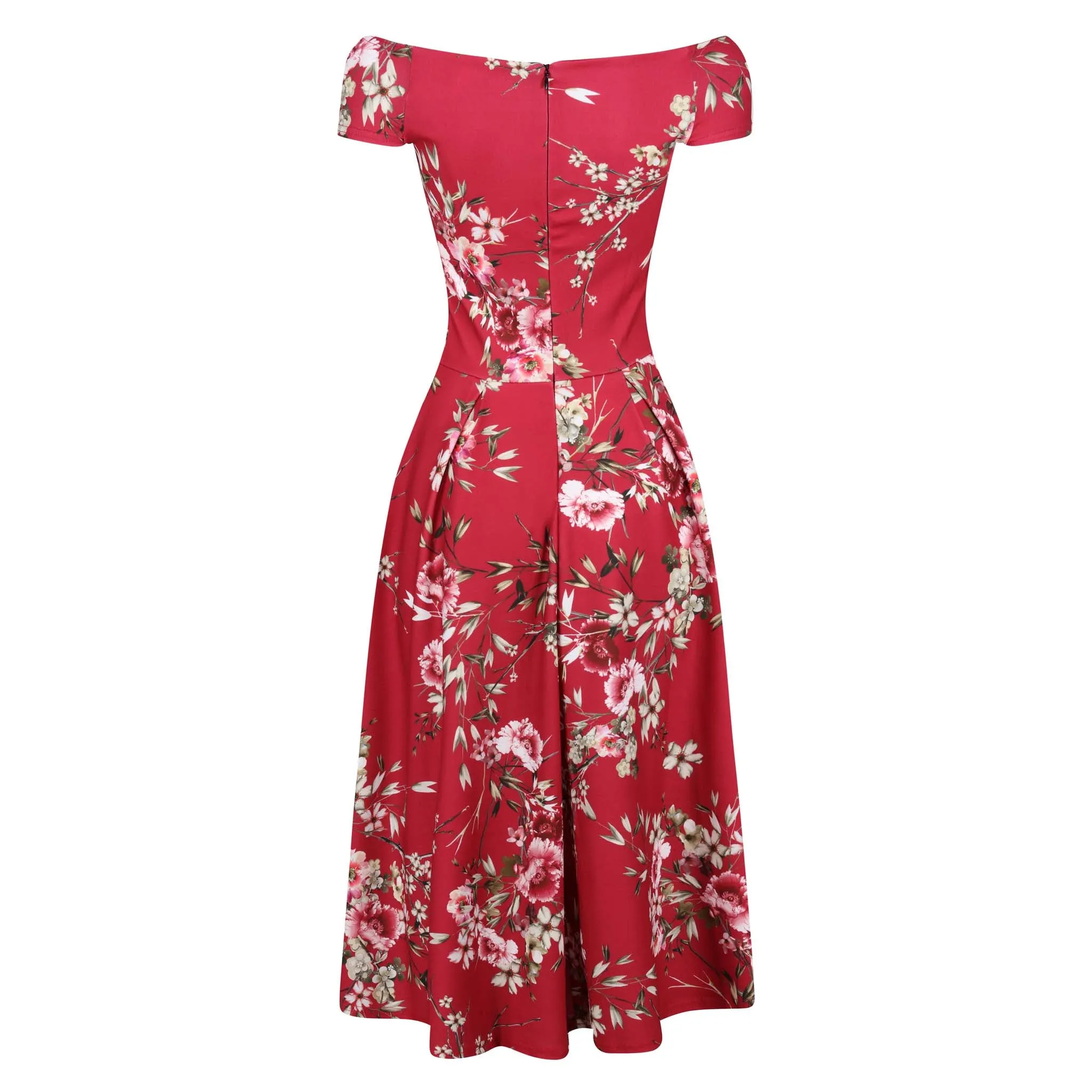 Red Floral Print Crossover Bardot 50s Swing Dress