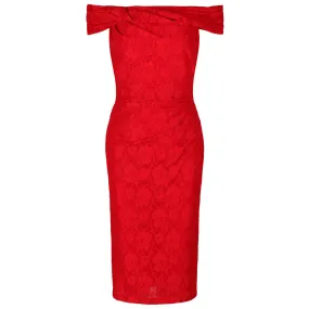 Red Lace Bardot Wiggle Pencil Dress