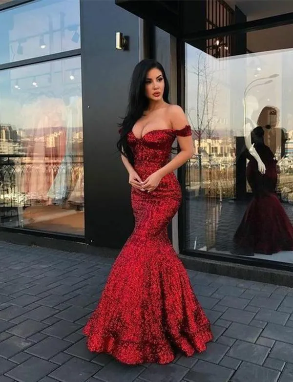 Red Mermaid Long V Neck Prom Dresses Off the Shoulder Evening Party Dresses