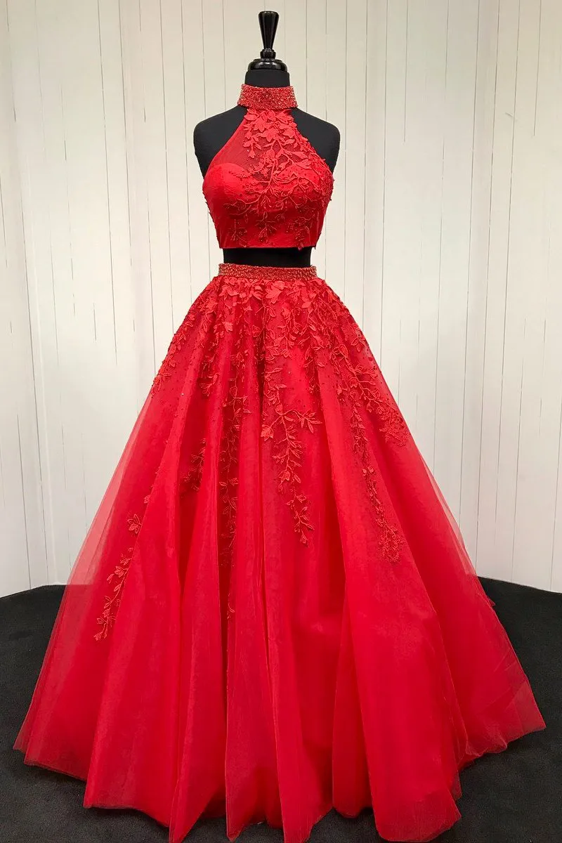 Red Two Piece Prom Dress Vintage Lace Tulle High Neck Prom Dress #ER296