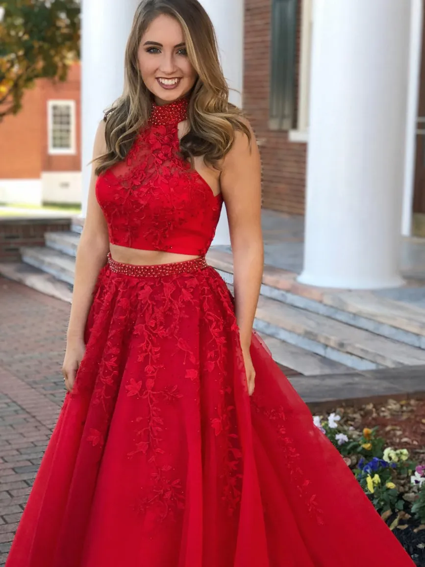 Red Two Piece Prom Dress Vintage Lace Tulle High Neck Prom Dress #ER296