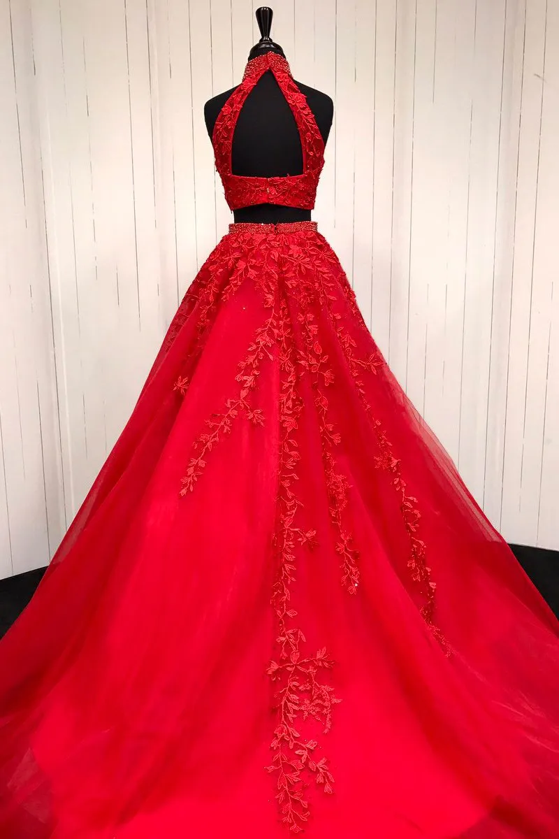 Red Two Piece Prom Dress Vintage Lace Tulle High Neck Prom Dress #ER296