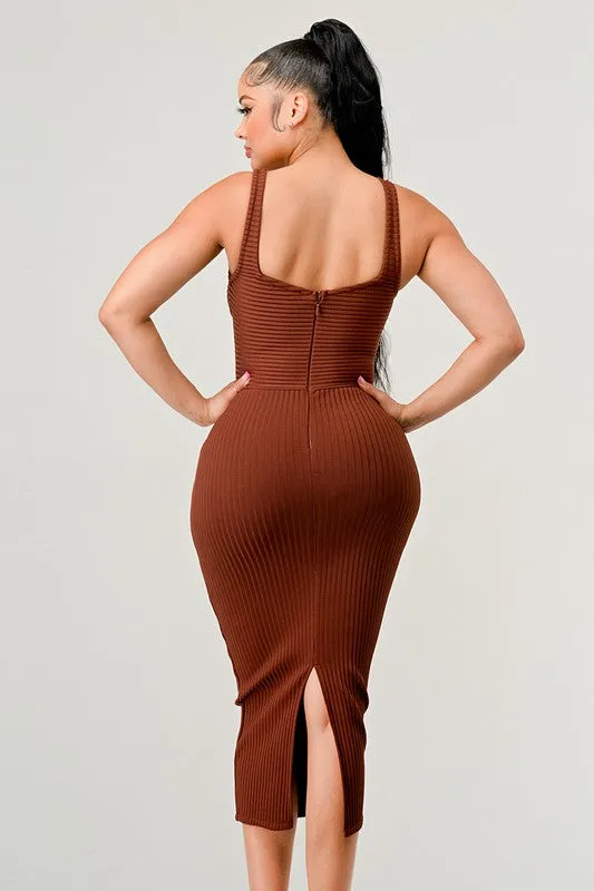 Ribbed Bandage Midi Dress in Brown