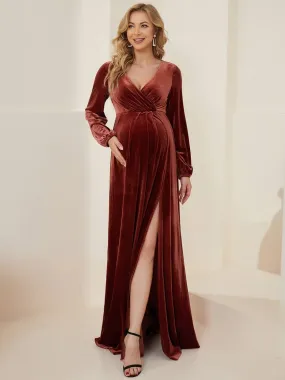 Robe de maternité plissée à manches longues en velours