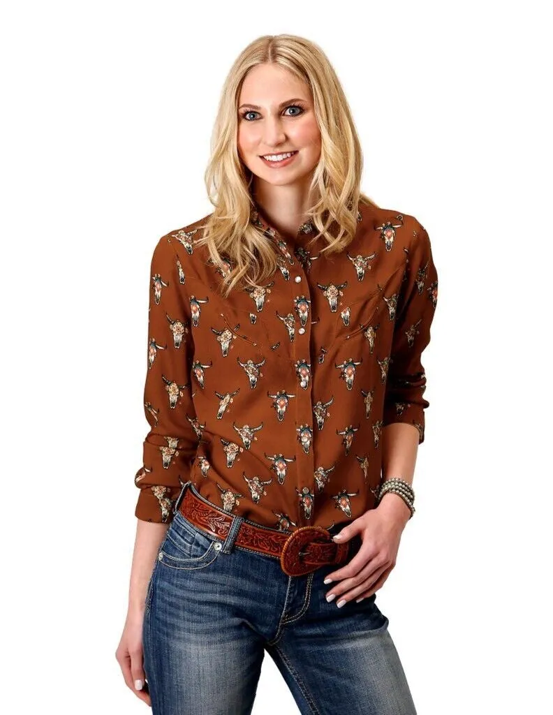 Roper Western Shirt Womens L/S Cowskulls Brown