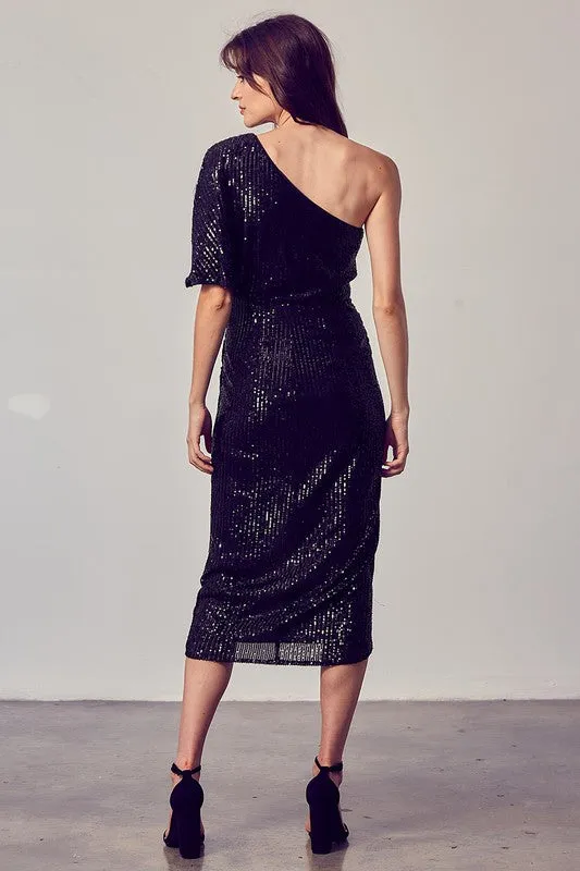 Sequin One Shoulder Wrap Dress