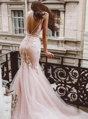 Sexy Pink Tulle Mermaid Wedding Dresses Lace Bodice Bridal Dress ER2116