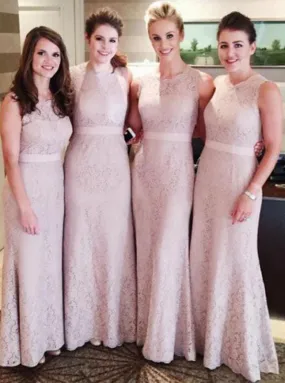 Sheath Round Neck Floor-Length Pink Lace Bridesmaid Dress