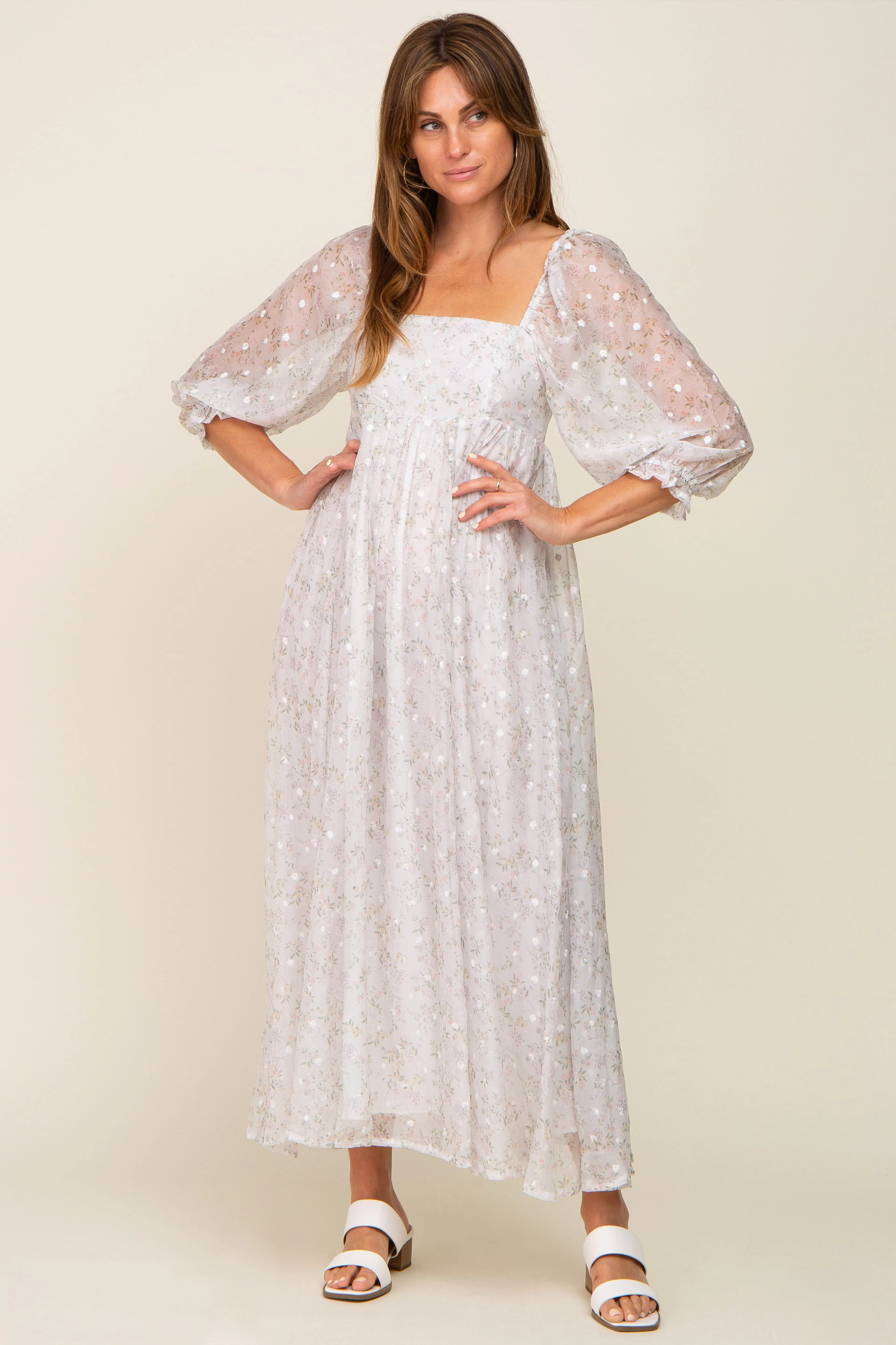 Silver Floral Square Neck Puff Sleeve Organza Maternity Maxi Dress