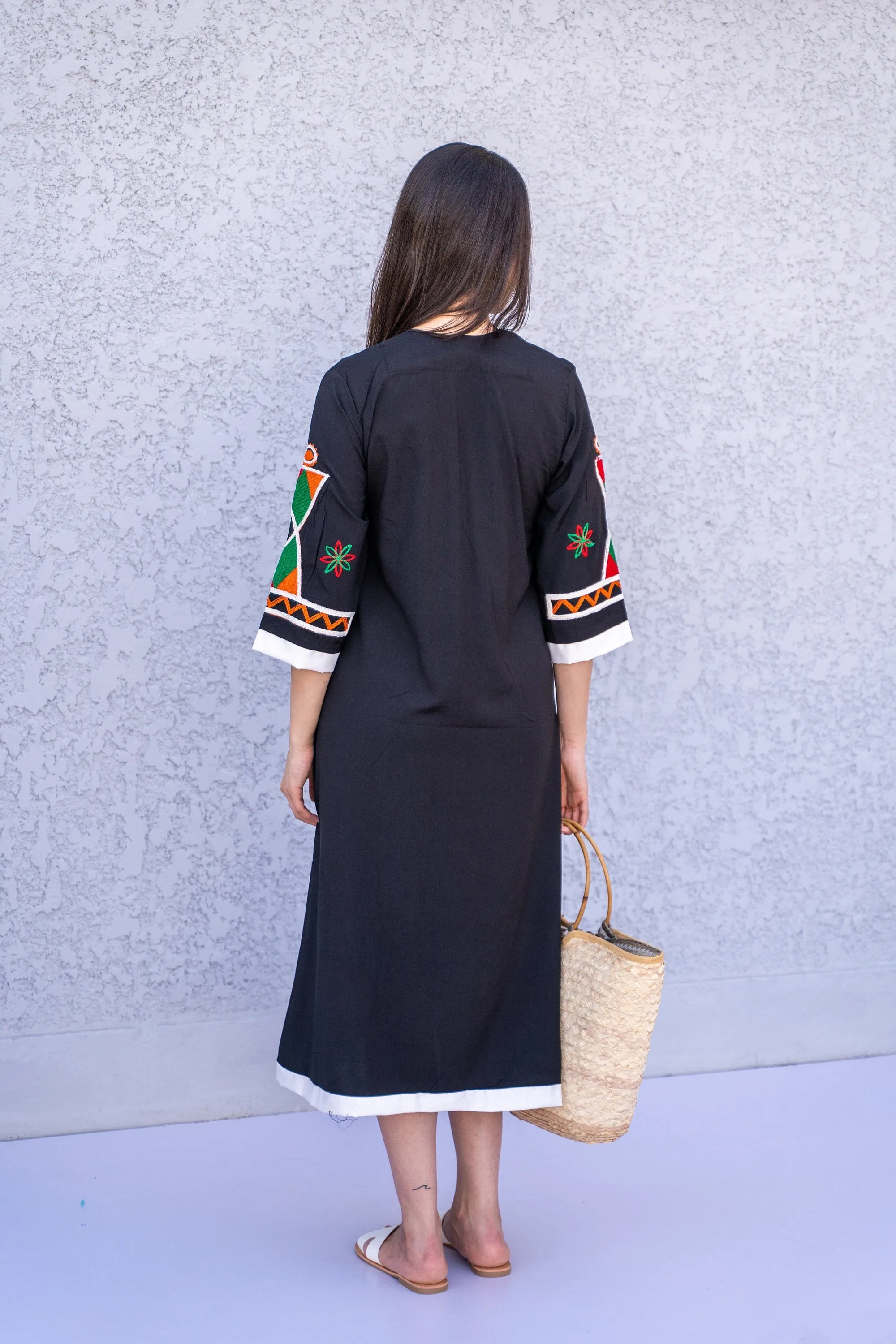 Siwa Black Tunic embroidered kaftan, Bohemian embroidery tunic dress, Egyptian cotton, Resort caftan, Summer, party, casual, home dress