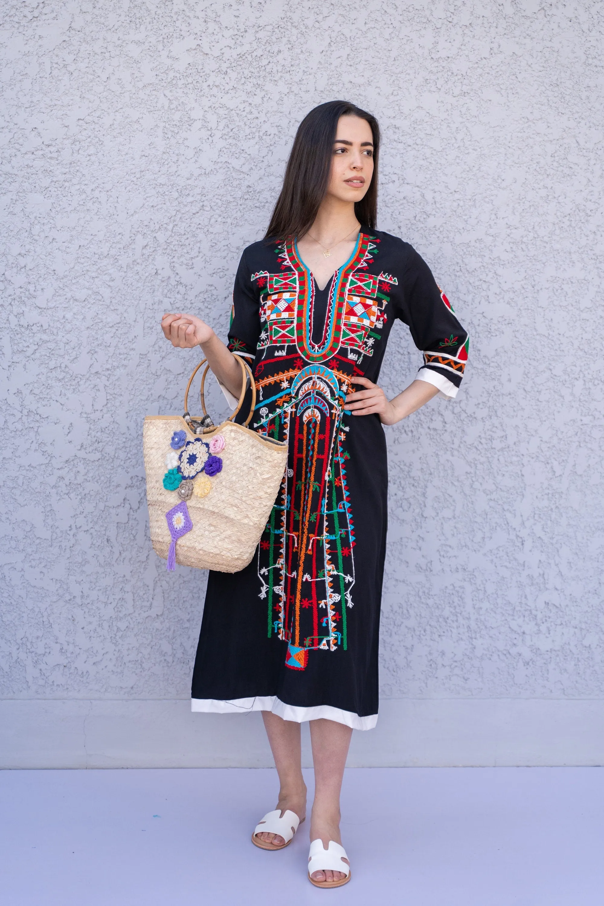 Siwa Black Tunic embroidered kaftan, Bohemian embroidery tunic dress, Egyptian cotton, Resort caftan, Summer, party, casual, home dress