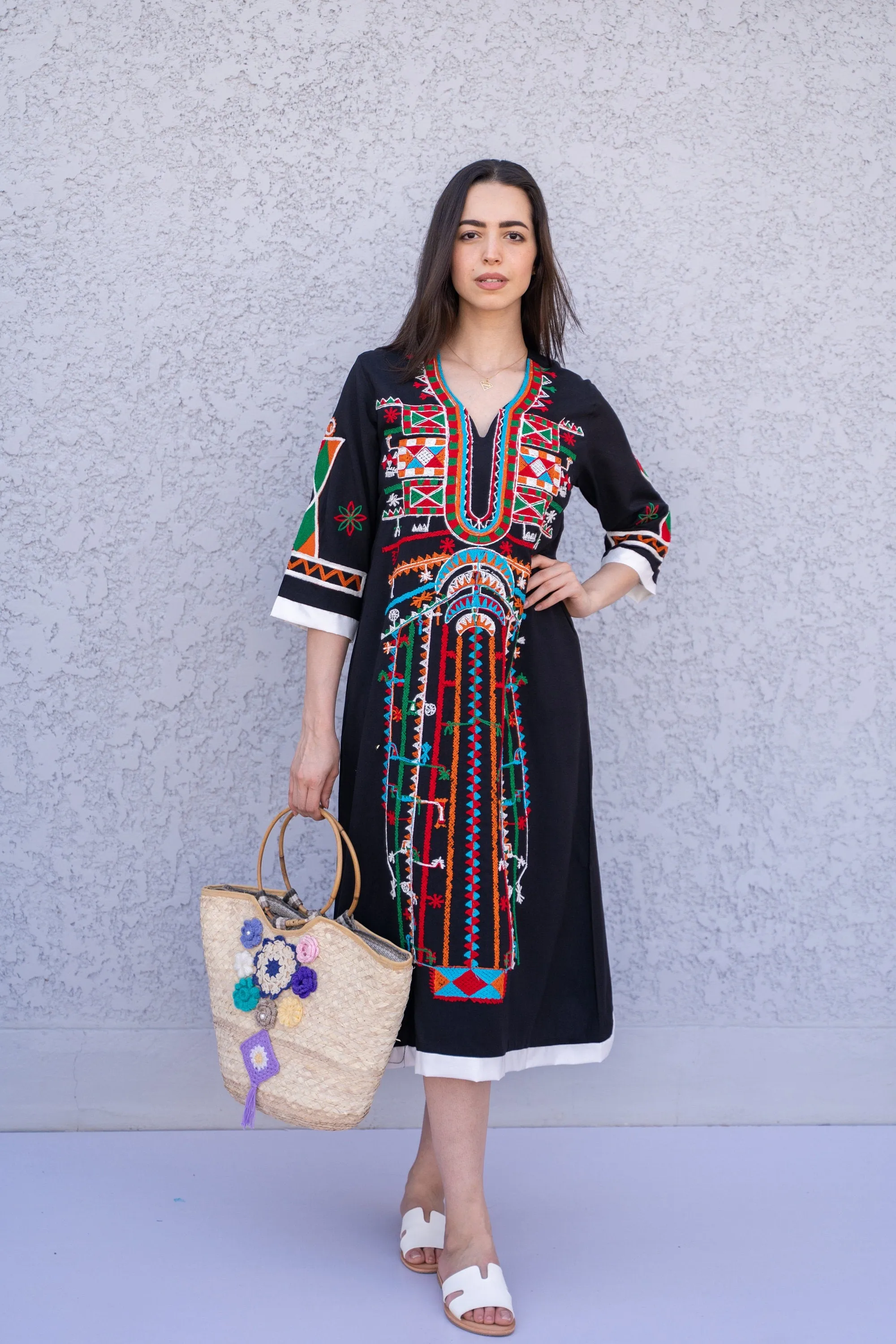 Siwa Black Tunic embroidered kaftan, Bohemian embroidery tunic dress, Egyptian cotton, Resort caftan, Summer, party, casual, home dress