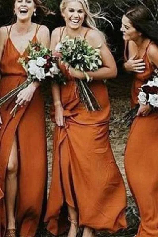 Spaghetti Strap V Neck Split Long Bridesmaid Dress