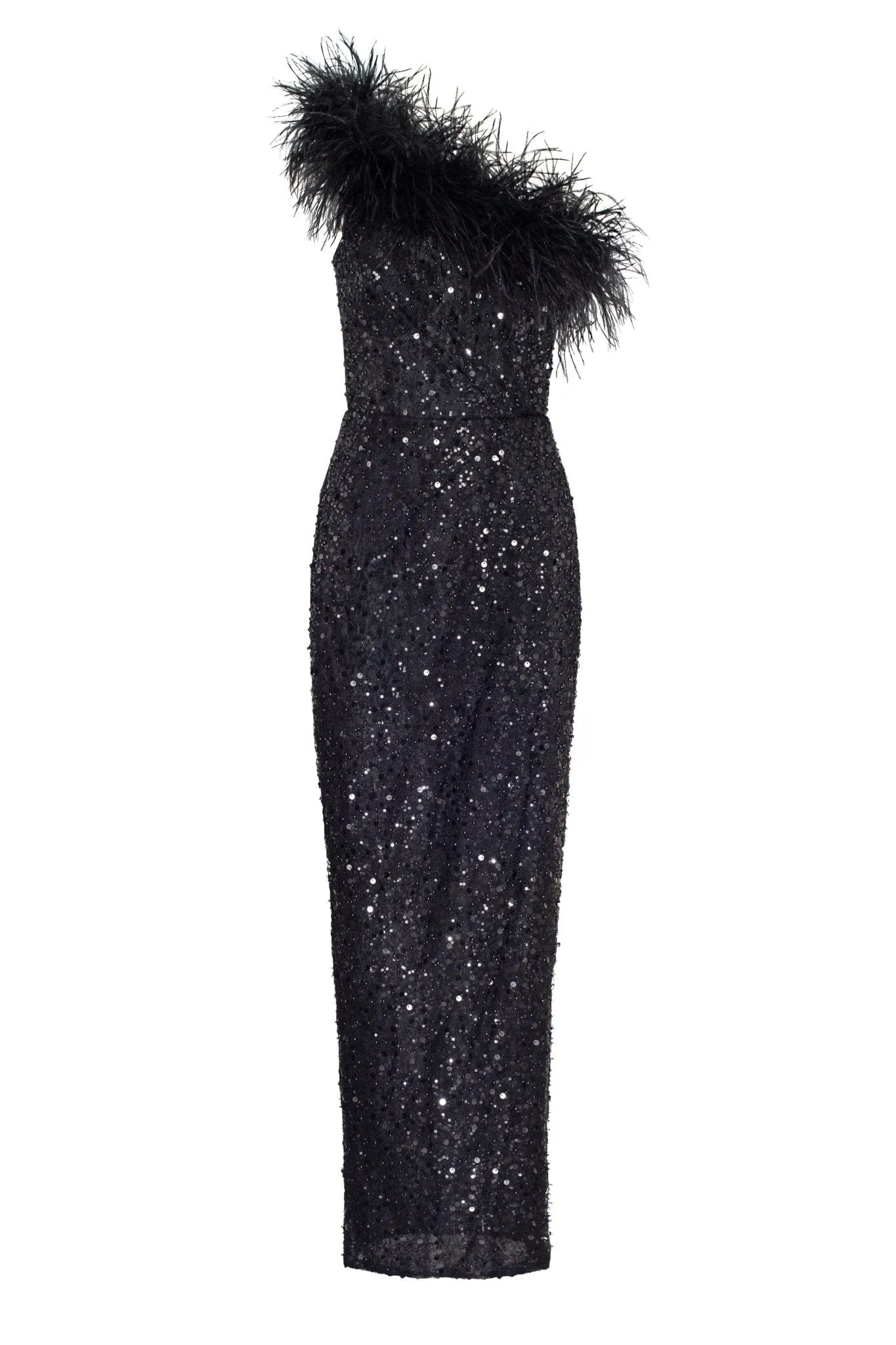 Striking one-shoulder maxi dress with feathers and sequins