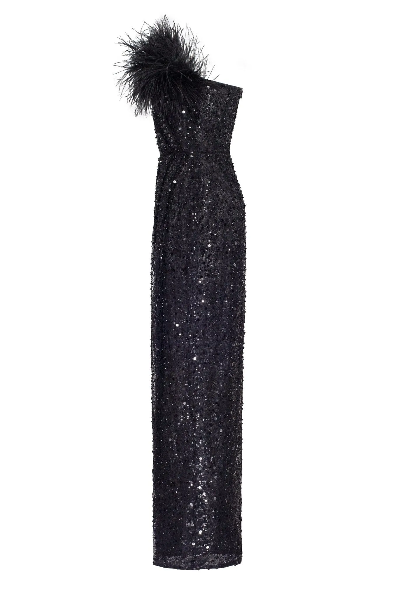 Striking one-shoulder maxi dress with feathers and sequins