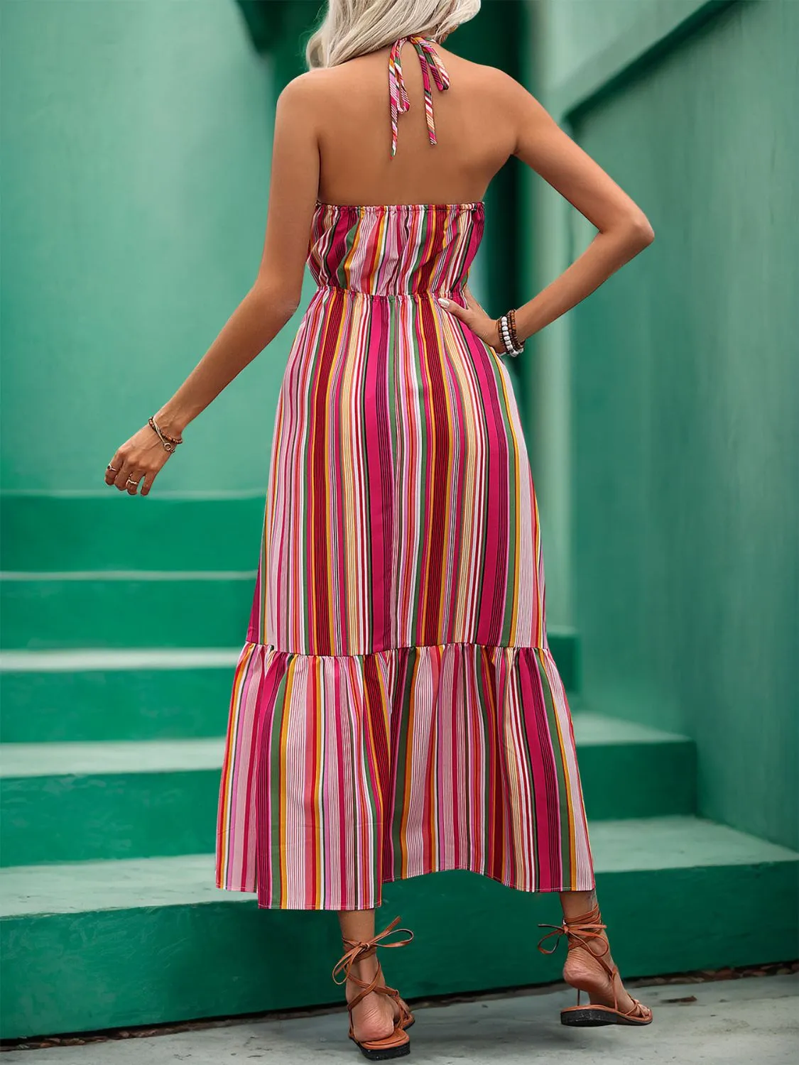 Sunset Vacation Lace Detail Striped Halter Neck Midi Dress