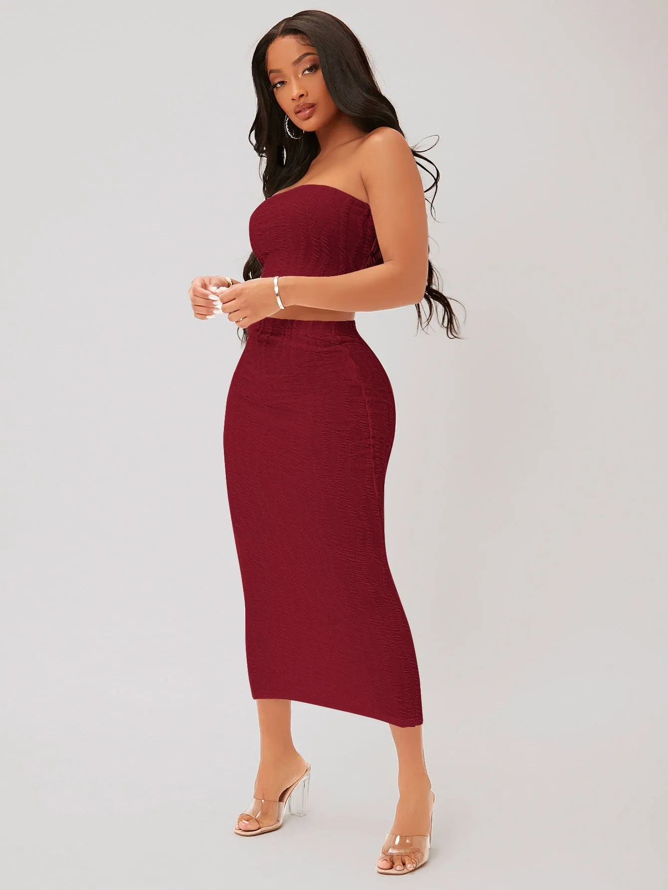 Textured Crop Tube Top Pencil Skirt Set