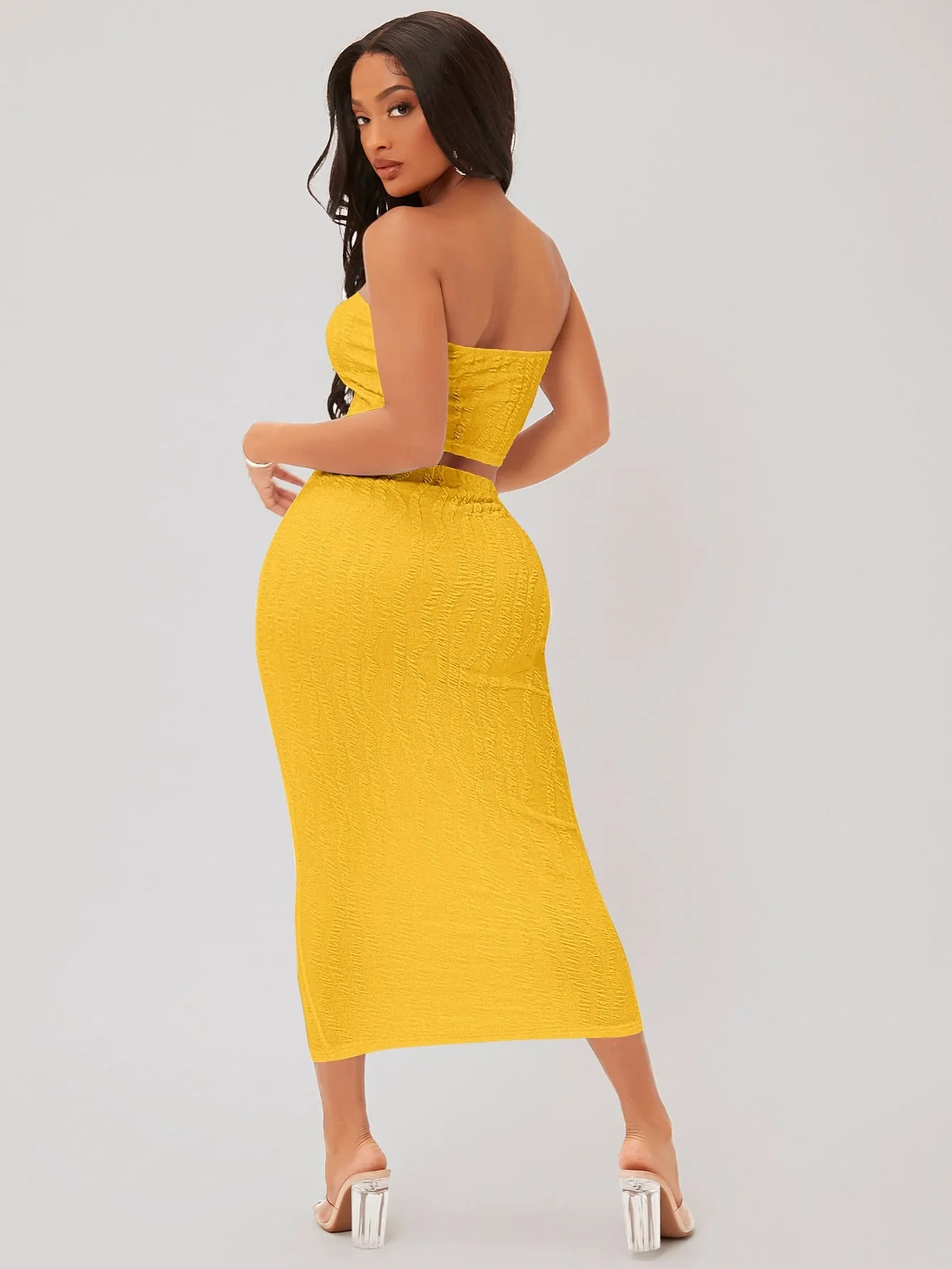 Textured Crop Tube Top Pencil Skirt Set