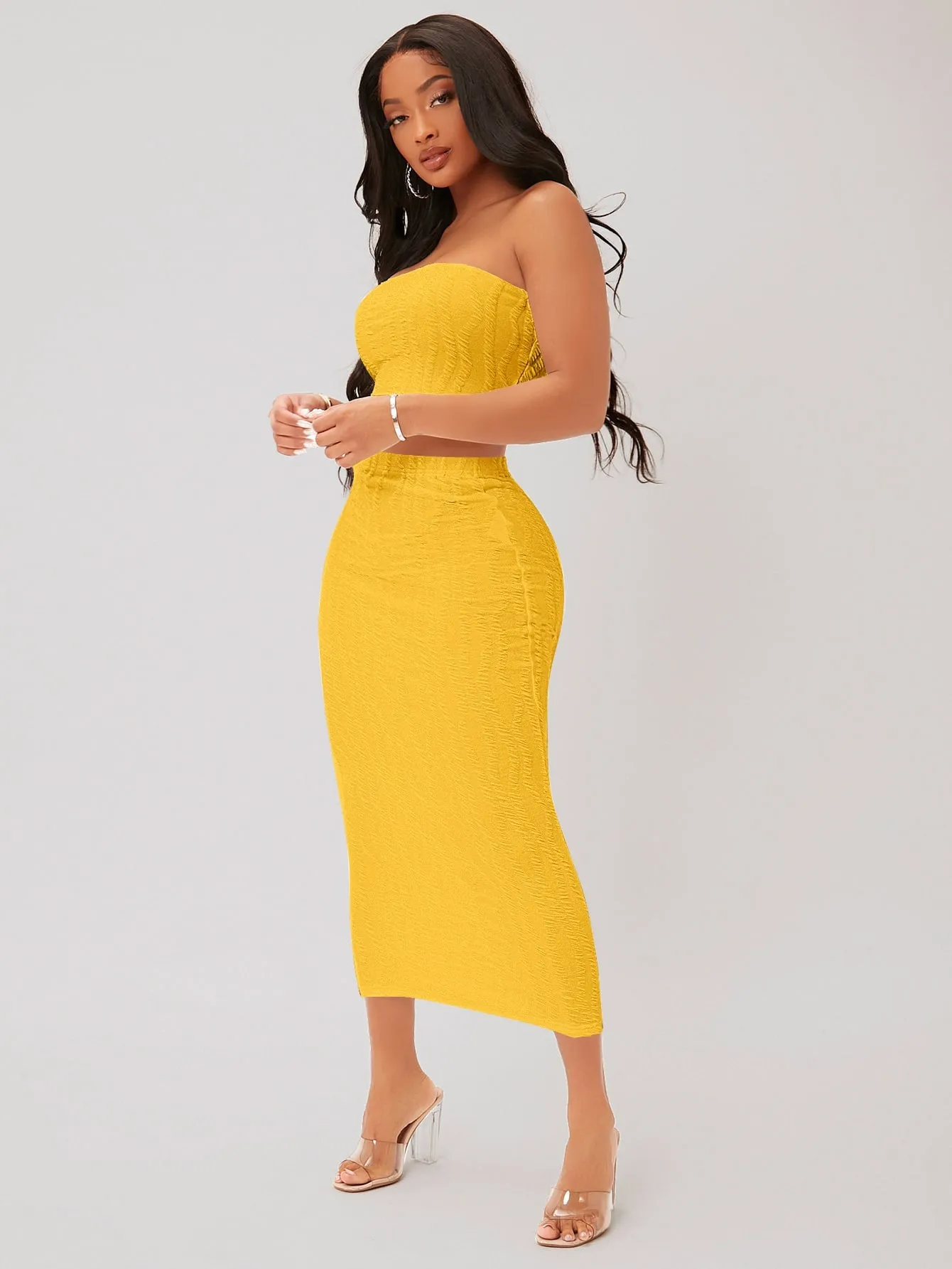 Textured Crop Tube Top Pencil Skirt Set