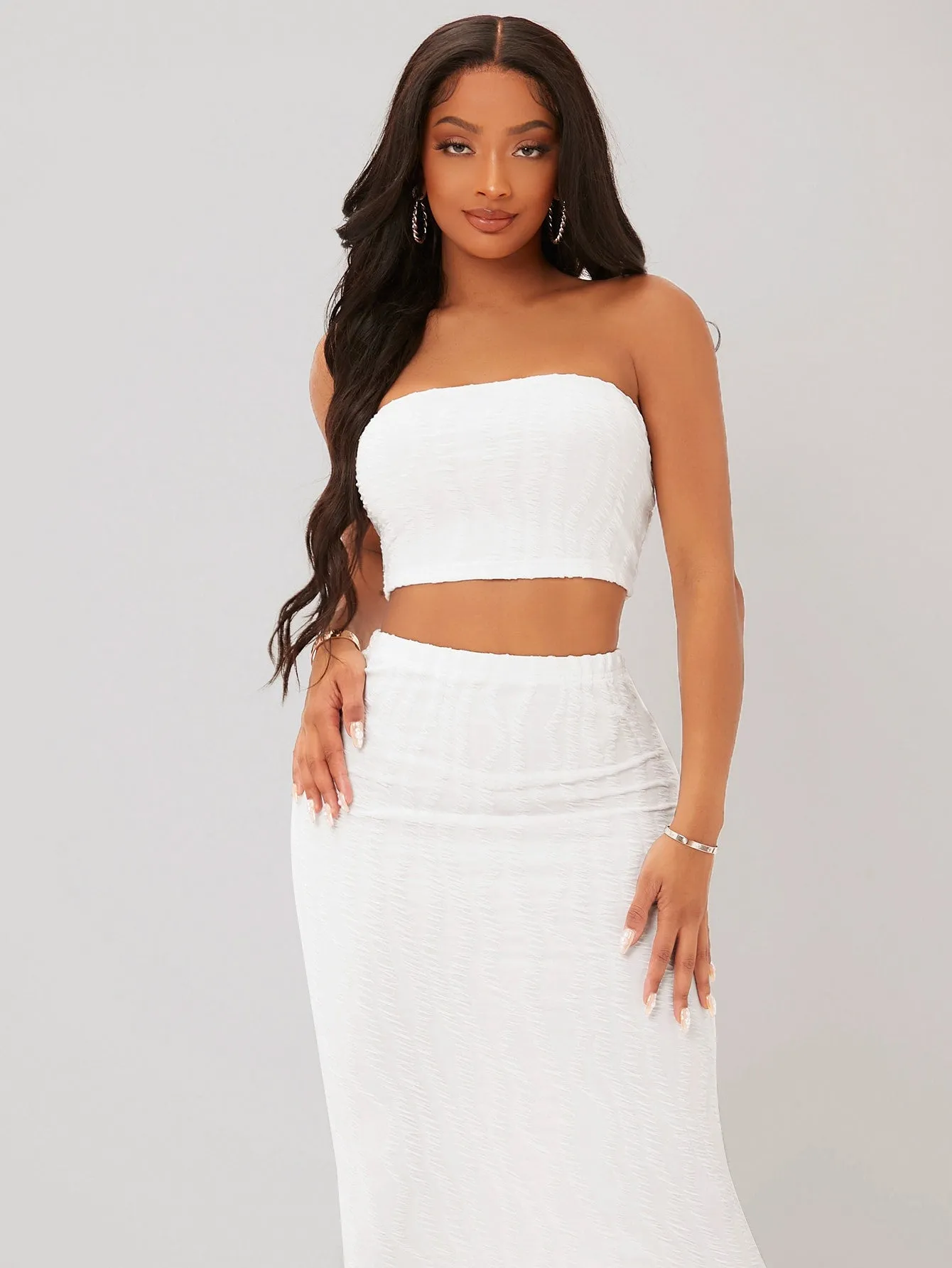 Textured Crop Tube Top Pencil Skirt Set