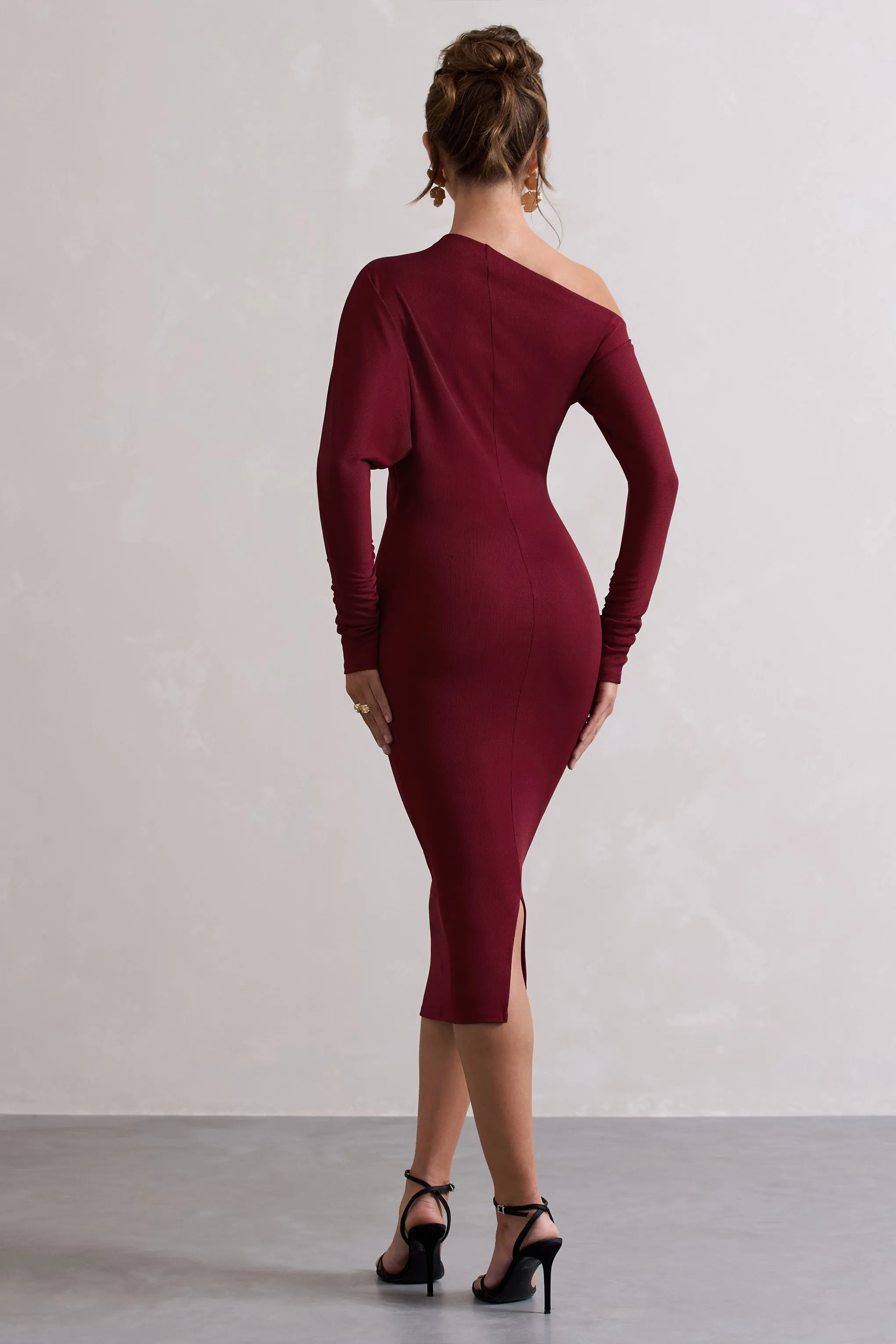 Thora | Berry Rib Knit One-Shoulder Midi Dress