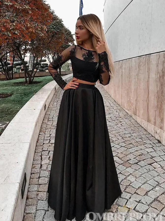 Two Piece Black Prom Dresses Long Sleeves A Line Party Dresses