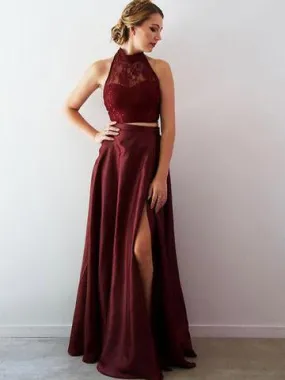 Two Piece Burgundy Prom Dress Cheap Lace Long Prom Dress #ER265