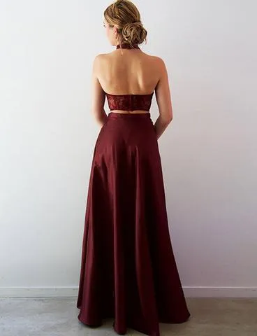 Two Piece Burgundy Prom Dress Cheap Lace Long Prom Dress #ER265