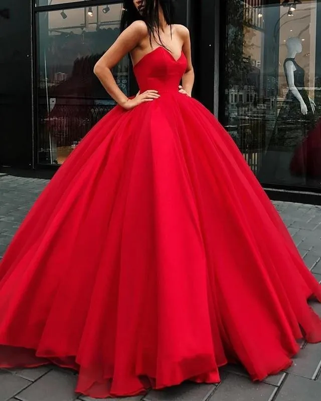 Unique Ball Gown Red Strapless Sweetheart Long Prom Dresses Quinceanera Dresses