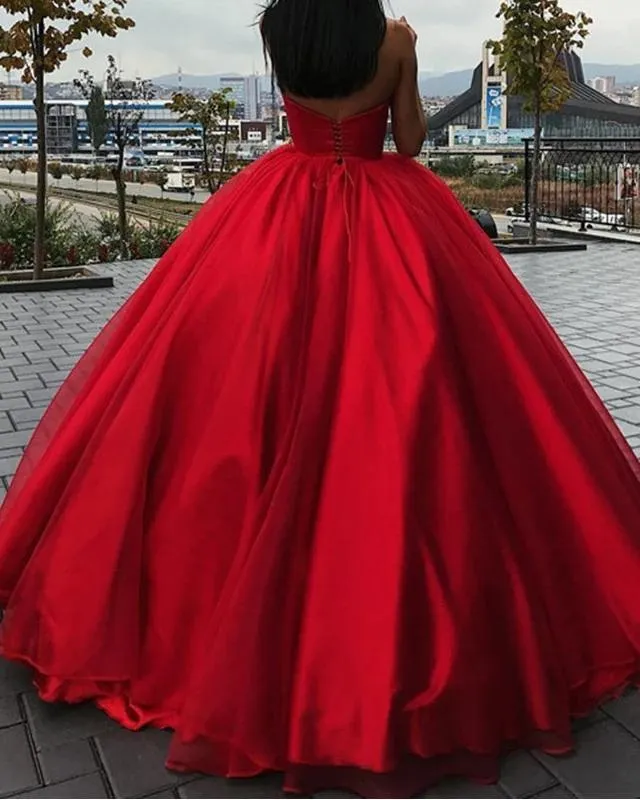 Unique Ball Gown Red Strapless Sweetheart Long Prom Dresses Quinceanera Dresses