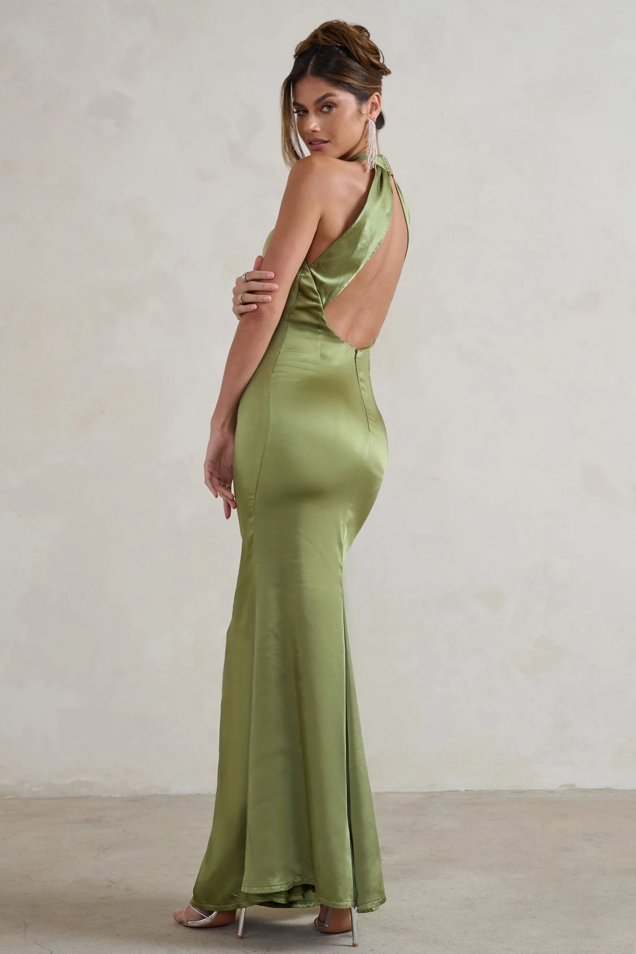 Unstoppable | Olive Green Satin Cross Over Halter Neck Maxi Dress