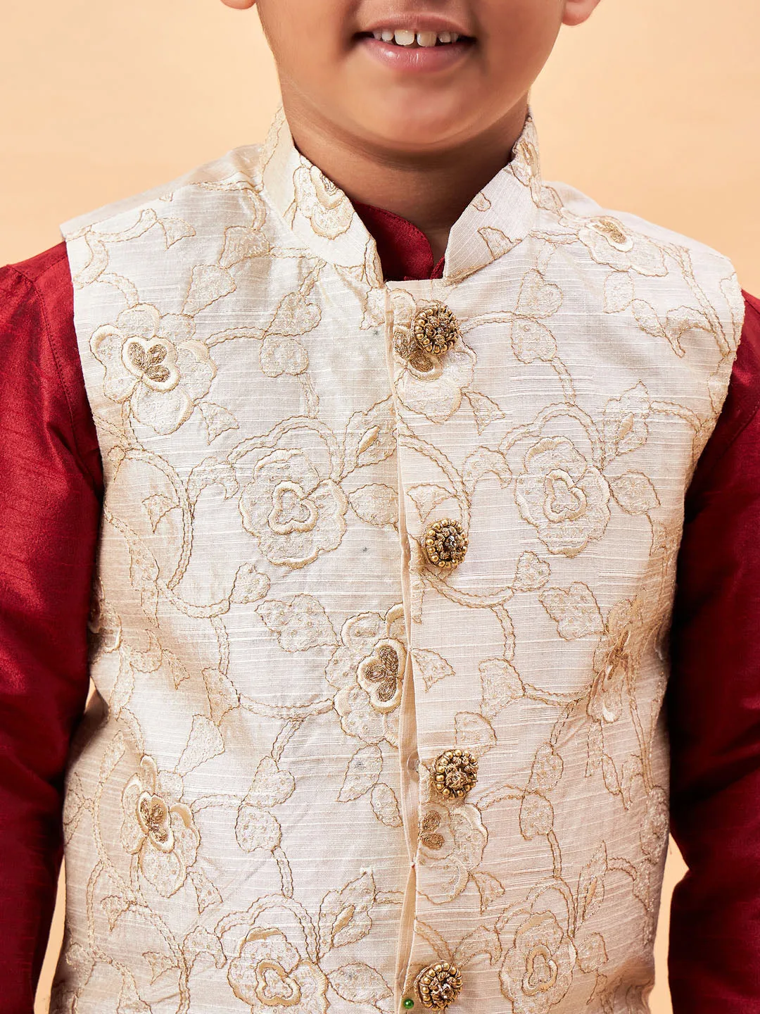 VASTRAMAY Boy's Beige Woven Jacket With Maroon Kurta and Pyjama Set