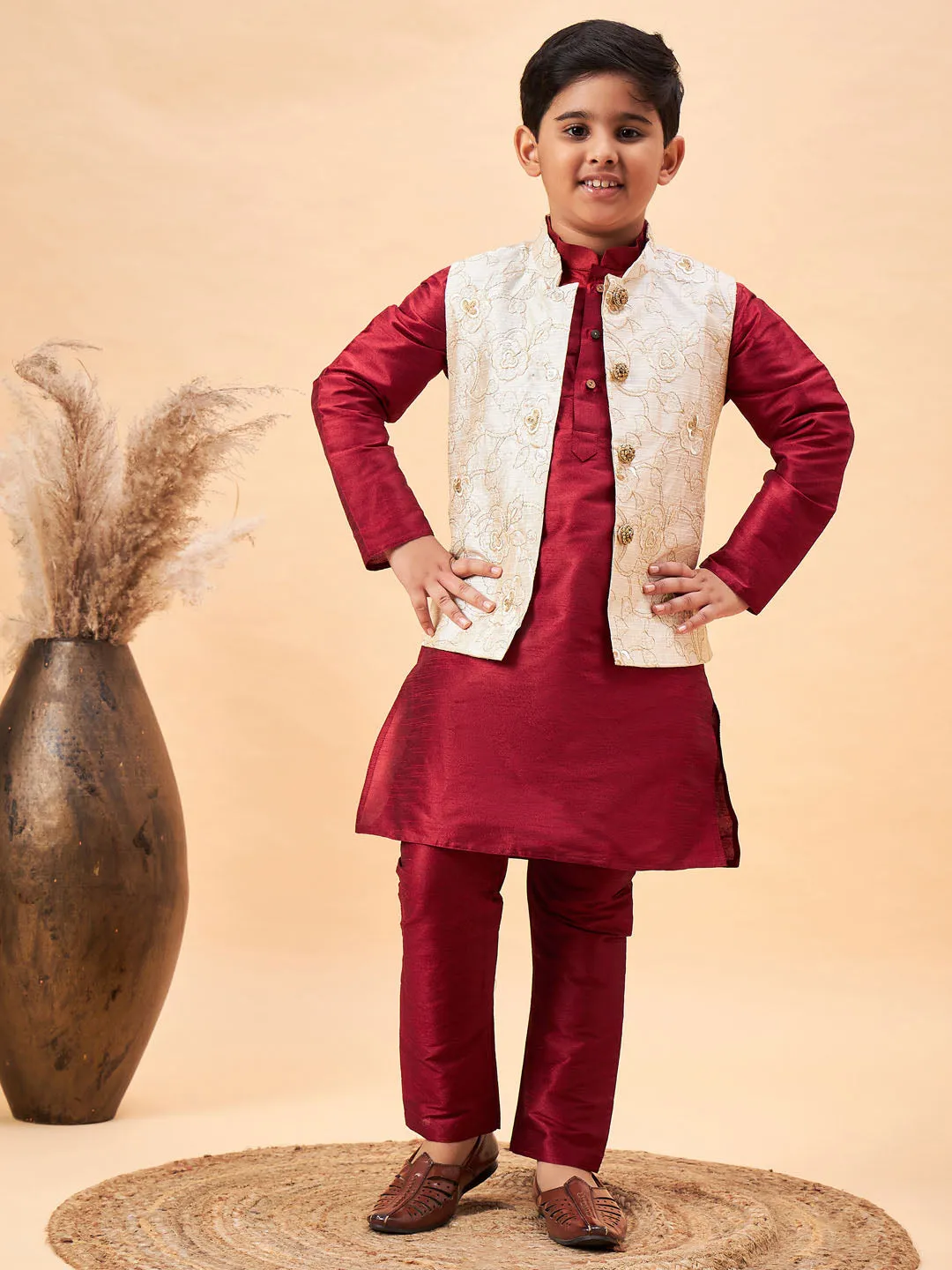 VASTRAMAY Boy's Beige Woven Jacket With Maroon Kurta and Pyjama Set