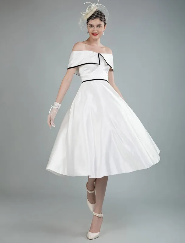 Vintage Wedding Dresses Satin Off The Shoulder A Line Tea Length Short Bridal Gowns Exclusive