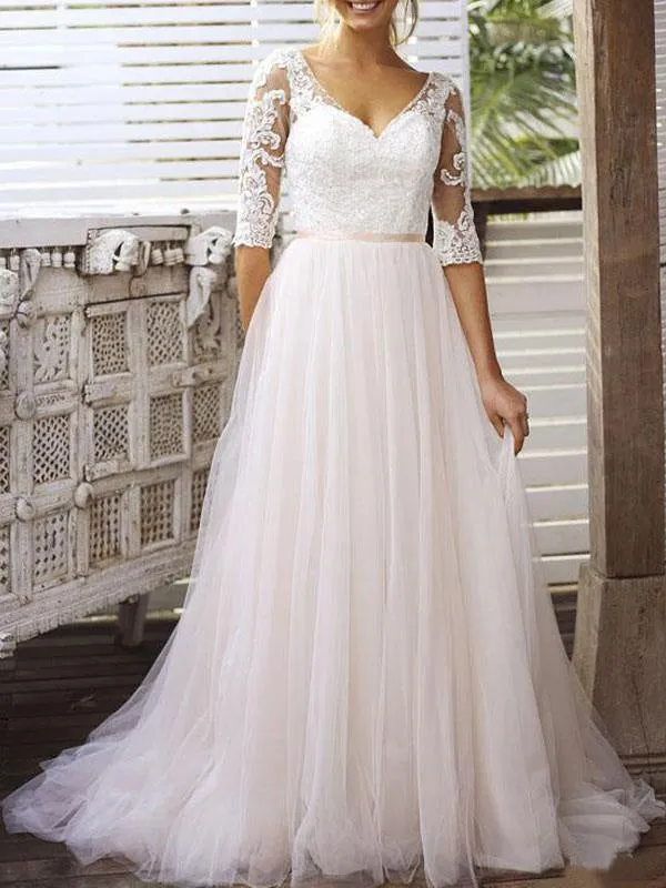 Wedding Dress A Line V Neck Half Sleeves Lace Tulle Bridal Dresses With Train