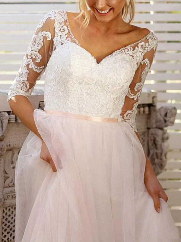 Wedding Dress A Line V Neck Half Sleeves Lace Tulle Bridal Dresses With Train