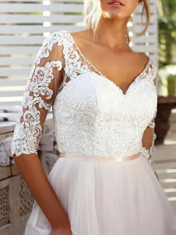 Wedding Dress A Line V Neck Half Sleeves Lace Tulle Bridal Dresses With Train