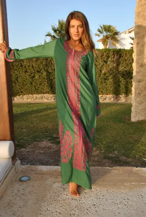 Winter Bohemian Maxi kaftan dress, Moroccan maxi caftan, Green embroidered caftan, Long sleeve maxi Kaftan, indoor wear maxi dress