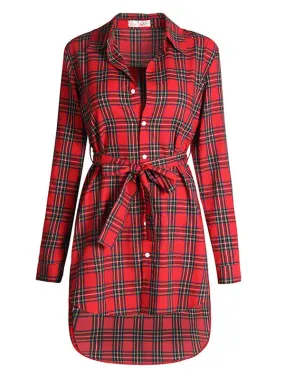 Women Casual Plaid Long Sleeve Shirt Dress